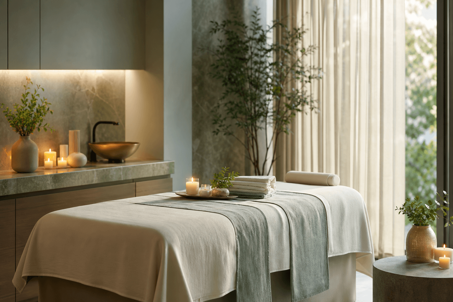 Serene spa treatment room with soft lighting and towels