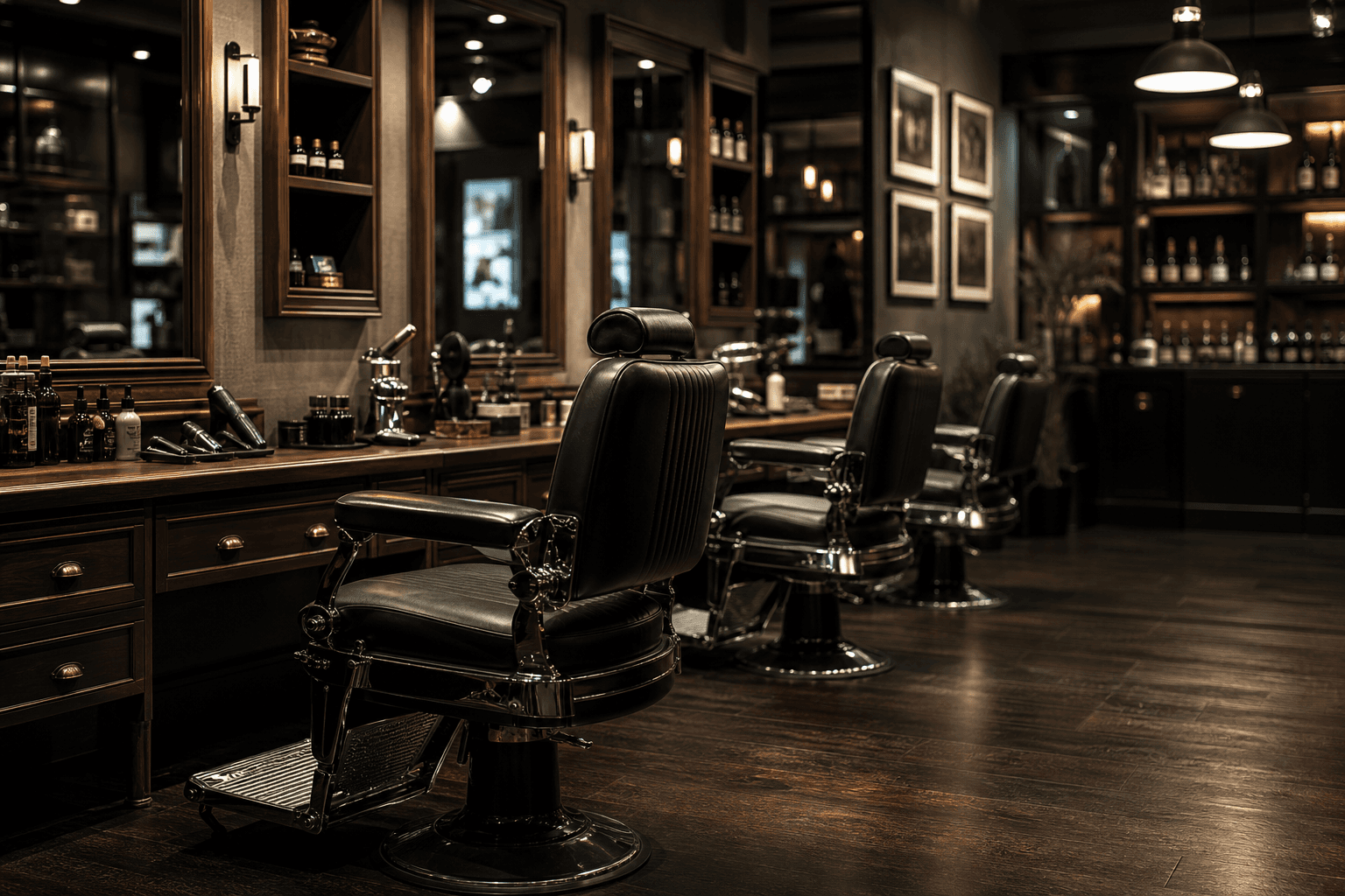 Modern barbershop interior with classic chairs and warm lighting