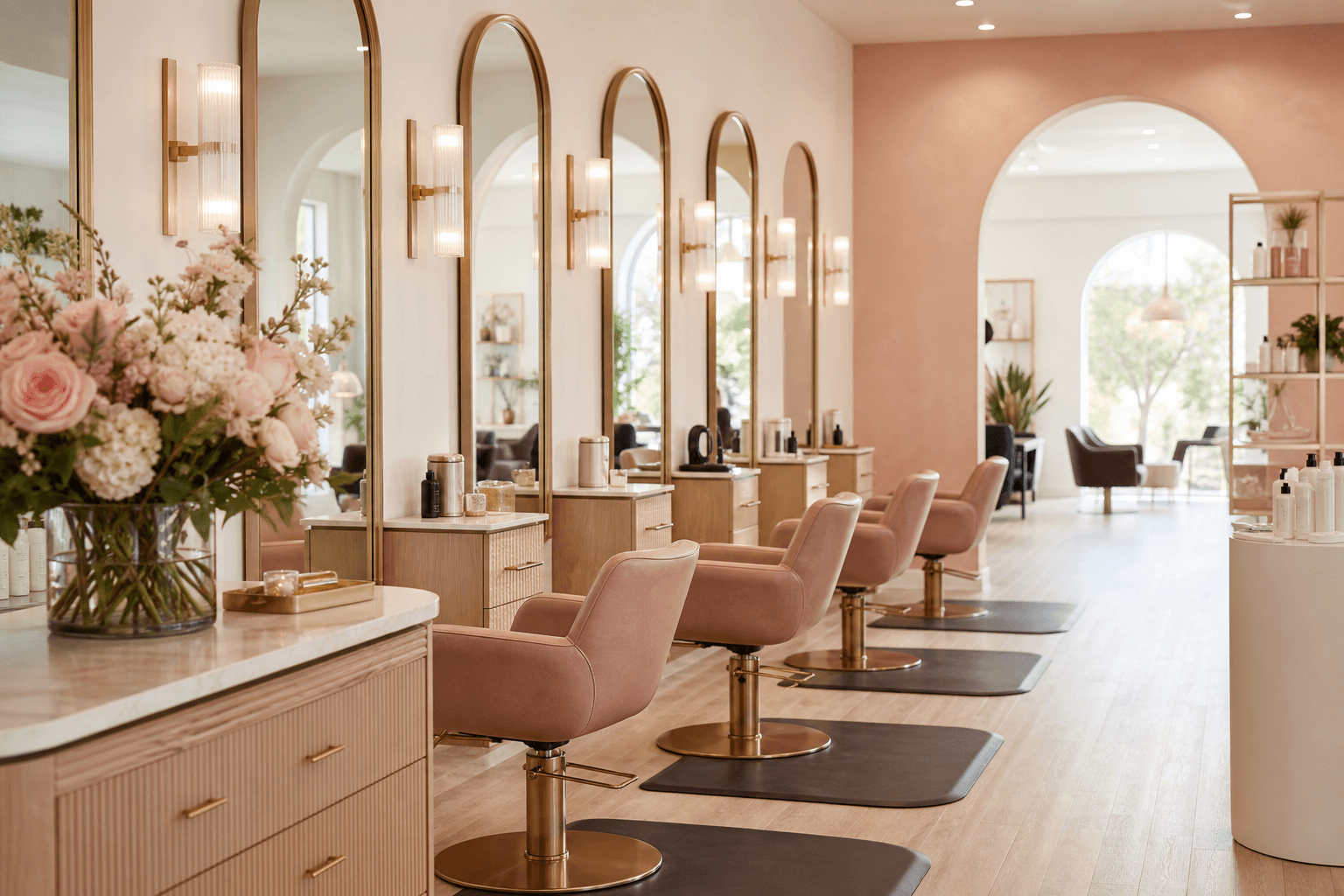 Modern beauty salon interior with styling stations and soft daylight
